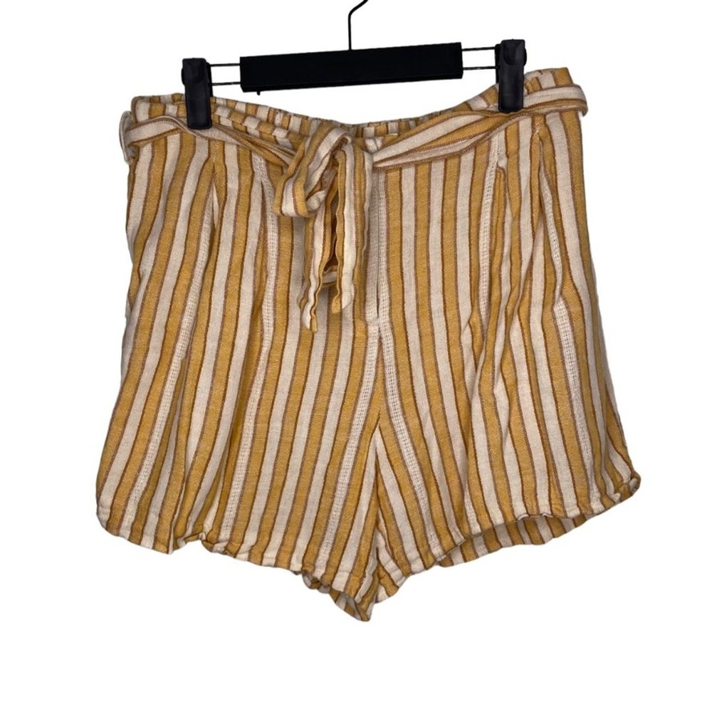 Drew Mustard Yellow White Striped Linen Blend Tie Waist Shorts Large